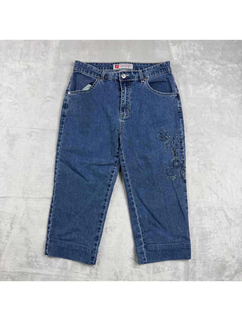 Y2K COS Jeans Womens 8 Blue Denim Capri Jeans Rhinestone Embellished Cropped